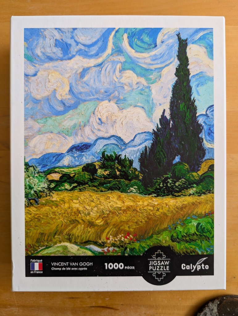 Impressionist oil painting of a golden wheat field with tall dark cypress trees under a swirling blue sky.