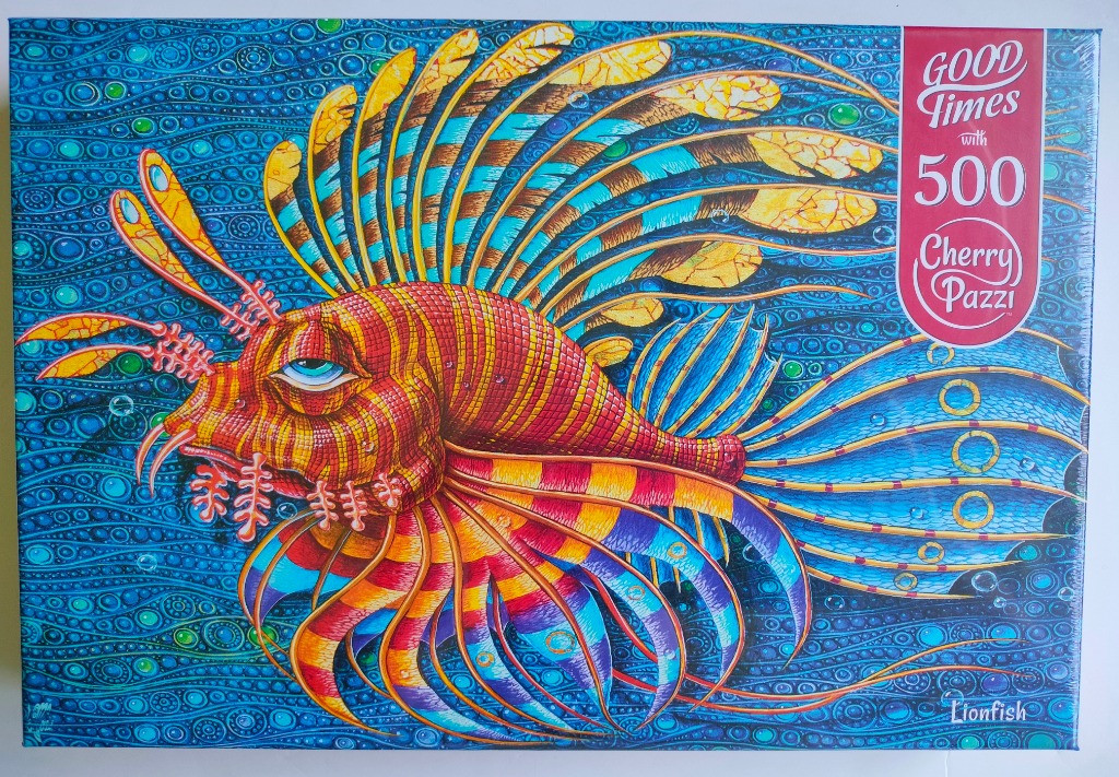 Stylized, vibrant illustration of a lionfish swimming against an intricate, textured deep blue background.