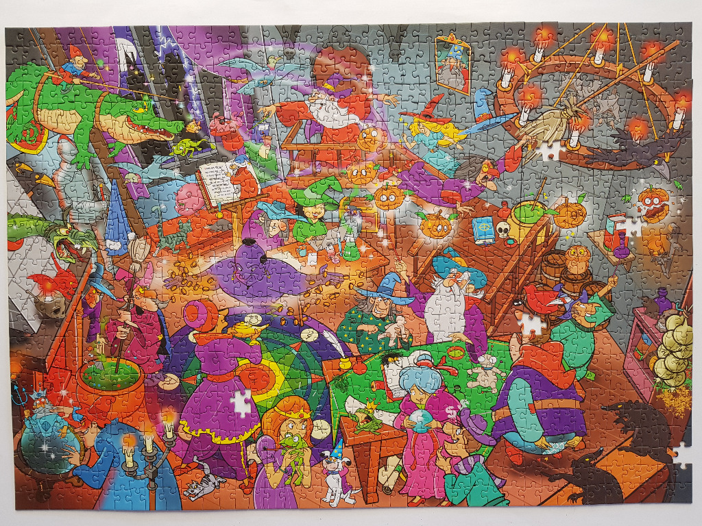 Cartoon illustration of a chaotic wizard school filled with spells, creatures, and magical practitioners.