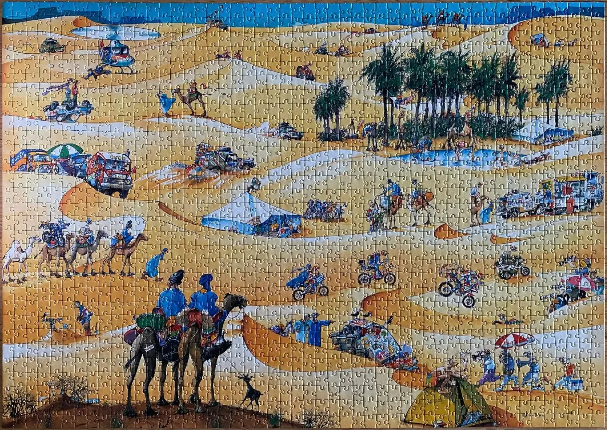 A cartoon illustration of a bustling desert scene with people, vehicles, and camels.