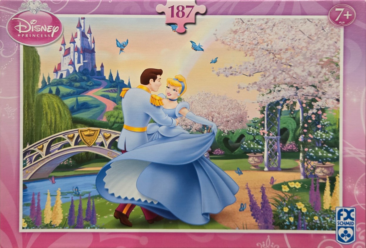 Cinderella and Prince Charming dancing in a magical palace garden