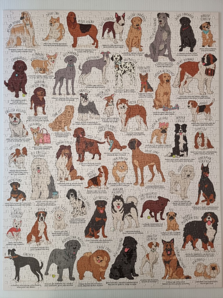 An illustrated grid of various dog breeds with names and descriptive text captions for each.