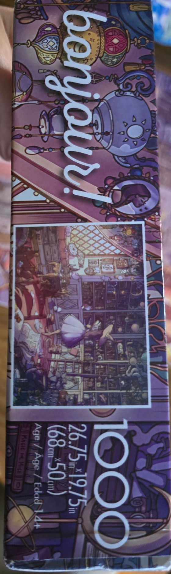 A jigsaw puzzle box featuring an illustration of a cozy, magical library with a witch-like figure.