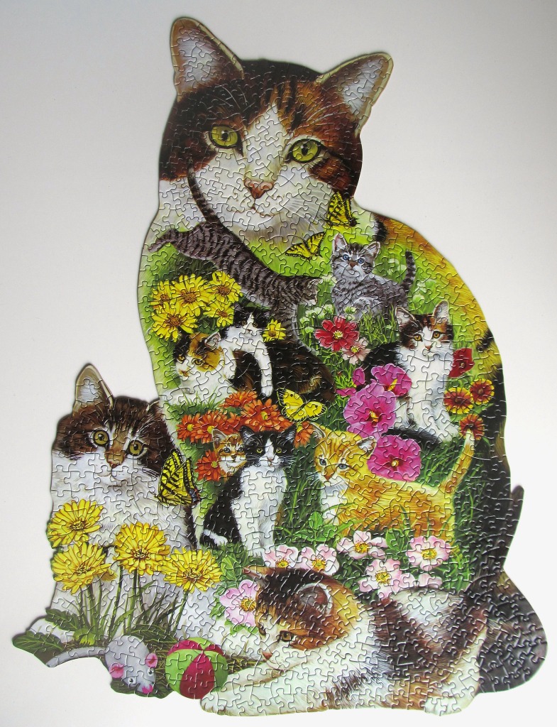 A whimsical illustration of many cats gathered in a vibrant garden full of flowers and butterflies.