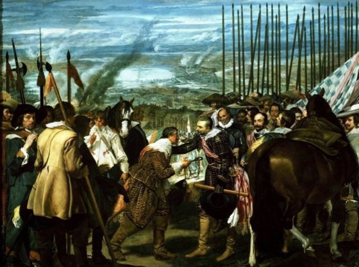 Historical painting of a military surrender with soldiers and a commander receiving a key.