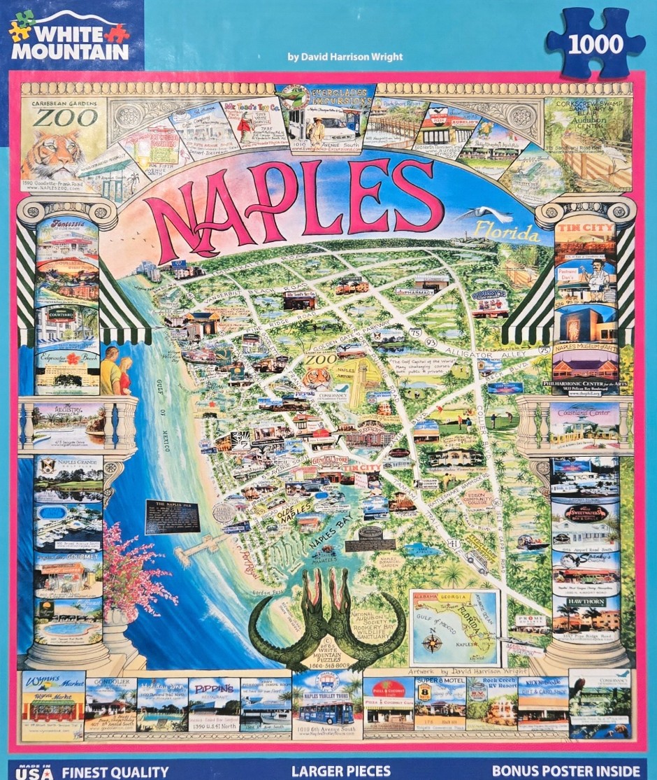 A whimsical illustrative map of Naples, Florida, surrounded by decorative columns and vignettes of local landmarks.