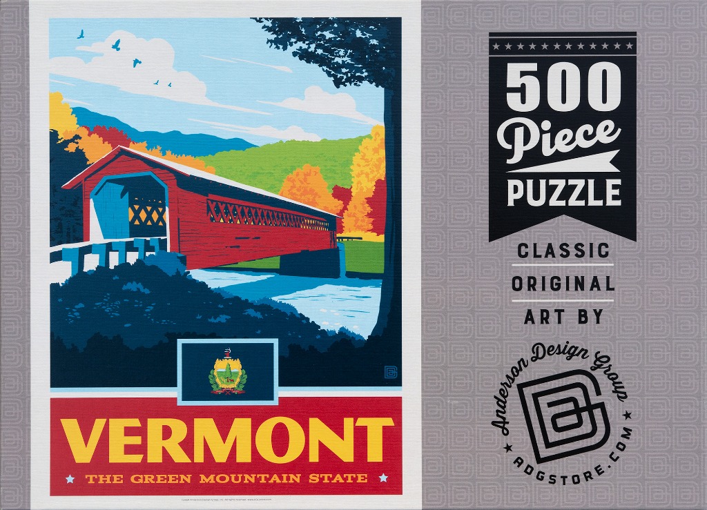 Vintage-style travel poster illustration of a red covered bridge over a river in Vermont during autumn.