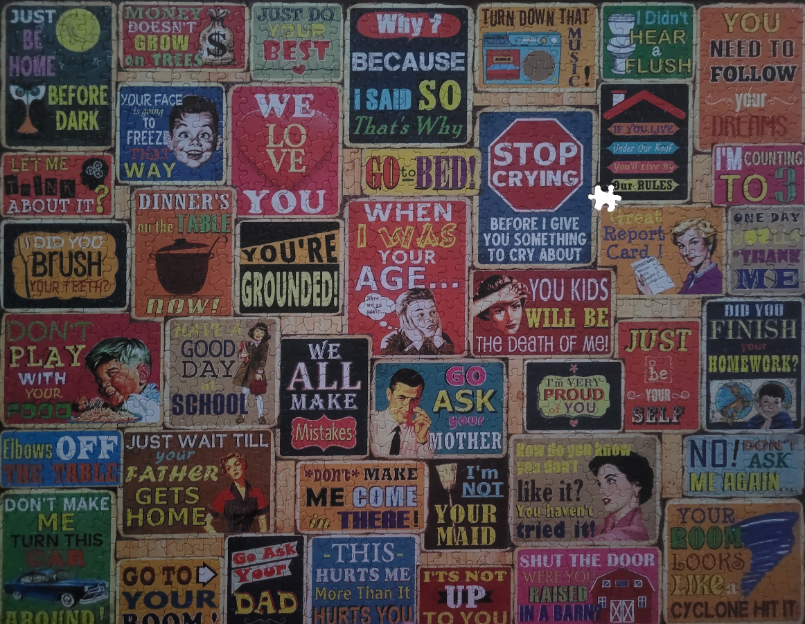 A collage of vintage-style signs featuring common phrases and idioms used by parents.