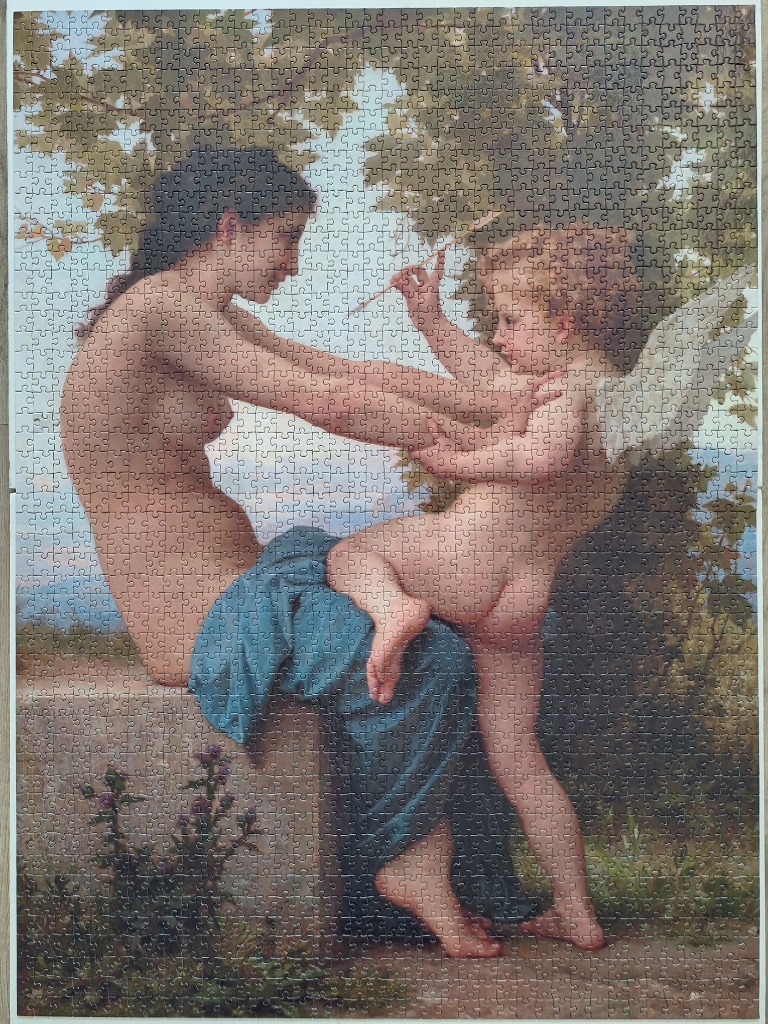 A classical oil painting of a woman reaching out to touch a small winged cupid.
