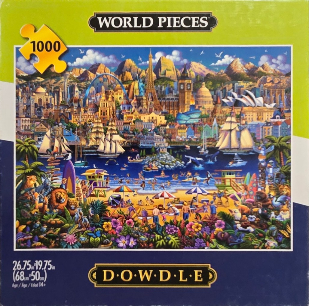 A whimsical folk-art style illustration depicting a global collage of world landmarks, tropical beaches, and wildlife.