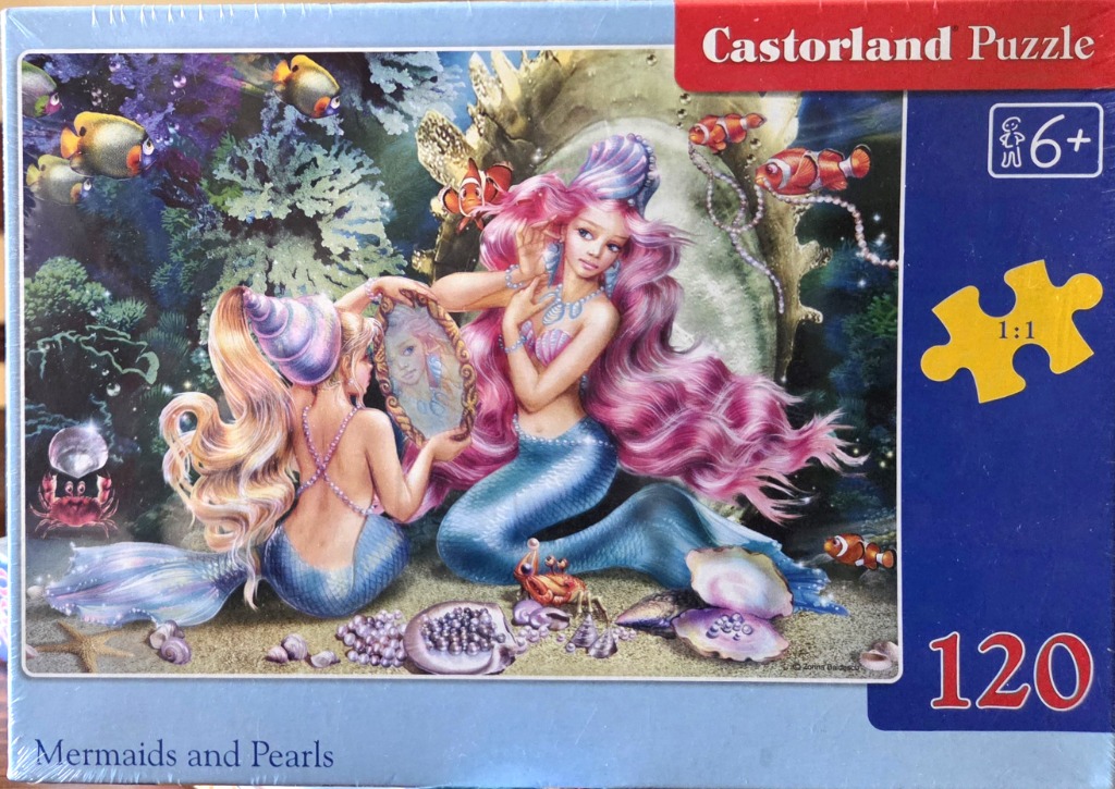 Two mermaids with long flowing hair and blue tails admiring themselves in a hand mirror on an ocean floor.