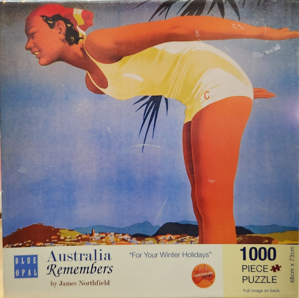 Vintage travel poster illustration of a woman in a yellow swimsuit diving against a blue sky over a coastal town.