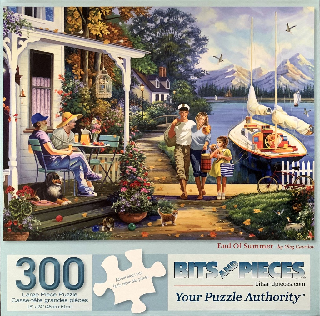 A peaceful lakeside scene featuring a couple sitting on a porch and a family walking by a sailboat at the end of summer.