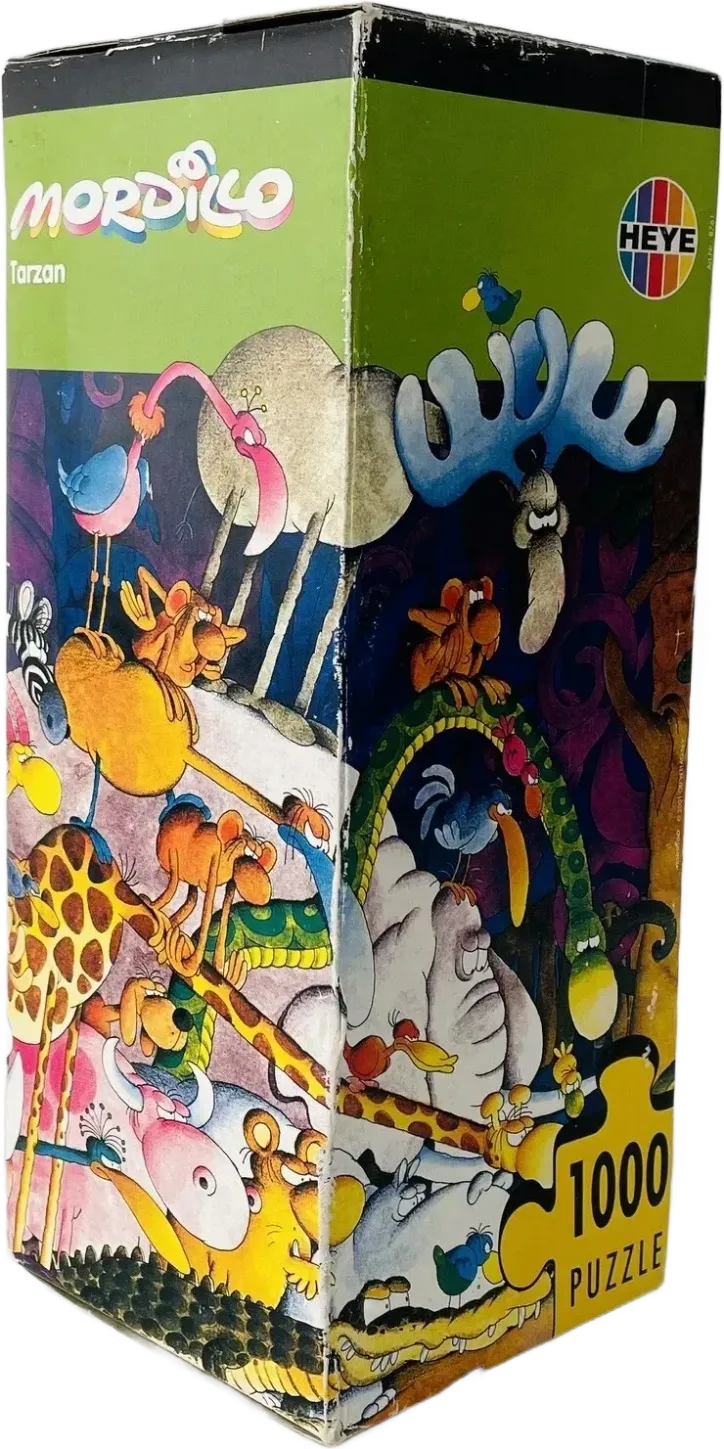 Whimsical cartoon illustration featuring a crowded jungle scene with various exaggerated animals and a Tarzan figure.