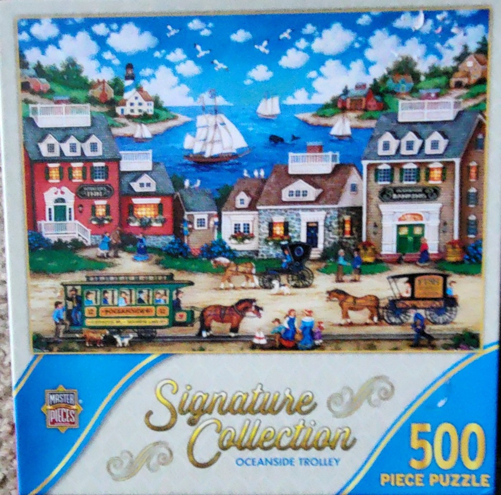 A nostalgic coastal town scene with a green trolley, horse-drawn carriages, and sailboats on the water.
