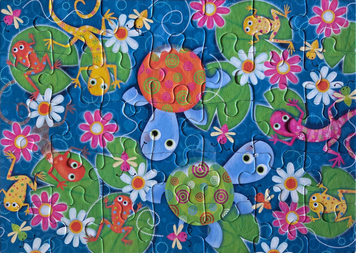 A whimsical illustration of frogs, turtles, and insects on lily pads in a pond.