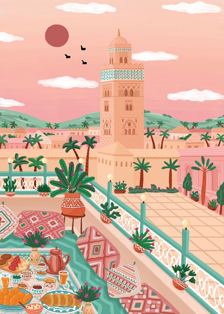 A rooftop view in Marrakech at sunset with a central minaret tower, a spread of tea and pastries, and decorative cushions.