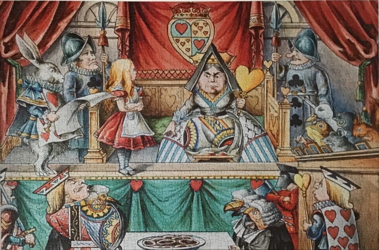 An illustration of Alice in Wonderland standing before the Queen of Hearts in a courtroom scene.