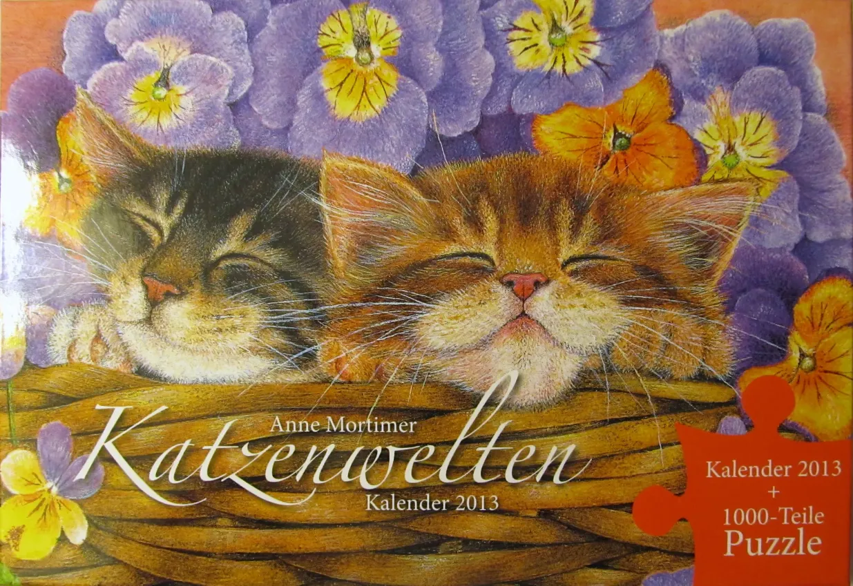 Two kittens sleeping side-by-side in a wicker basket surrounded by purple and yellow pansies.