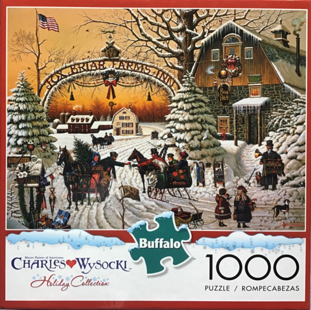 A nostalgic winter scene featuring a stone farmhouse, horse-drawn carriages, and festive holiday decorations.