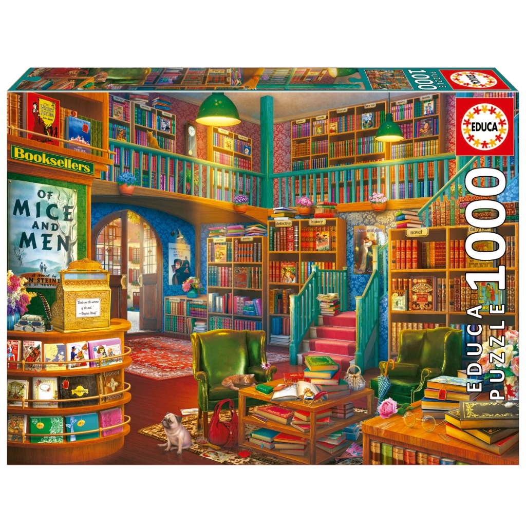 A cozy two-story bookshop interior filled with bookshelves, green armchairs, and a pug dog.