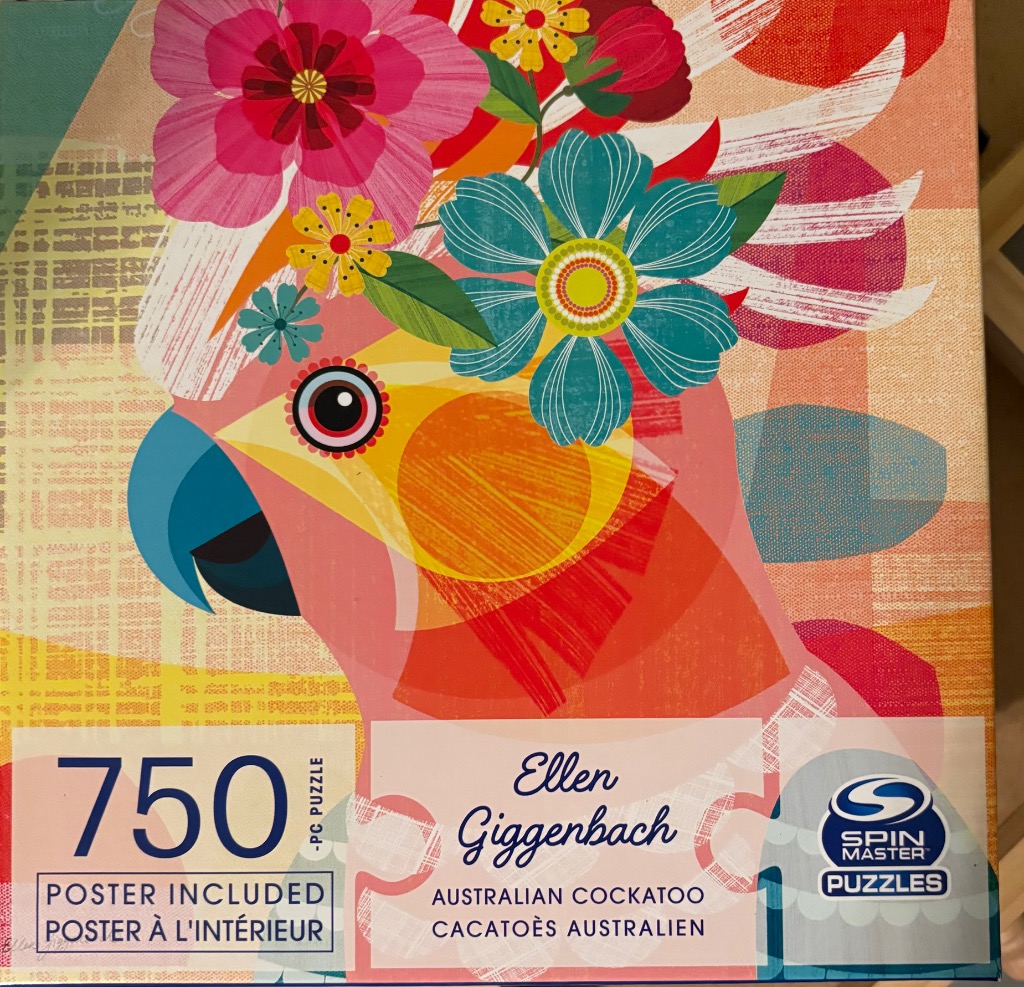 A stylized illustration of a cockatoo wearing a crown of colorful flowers in warm, modern graphic design tones.