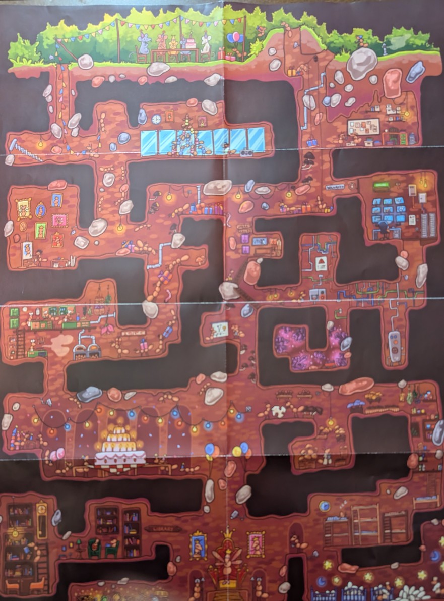 An illustrated cross-section maze of an intricate underground ant colony with various rooms and activities.