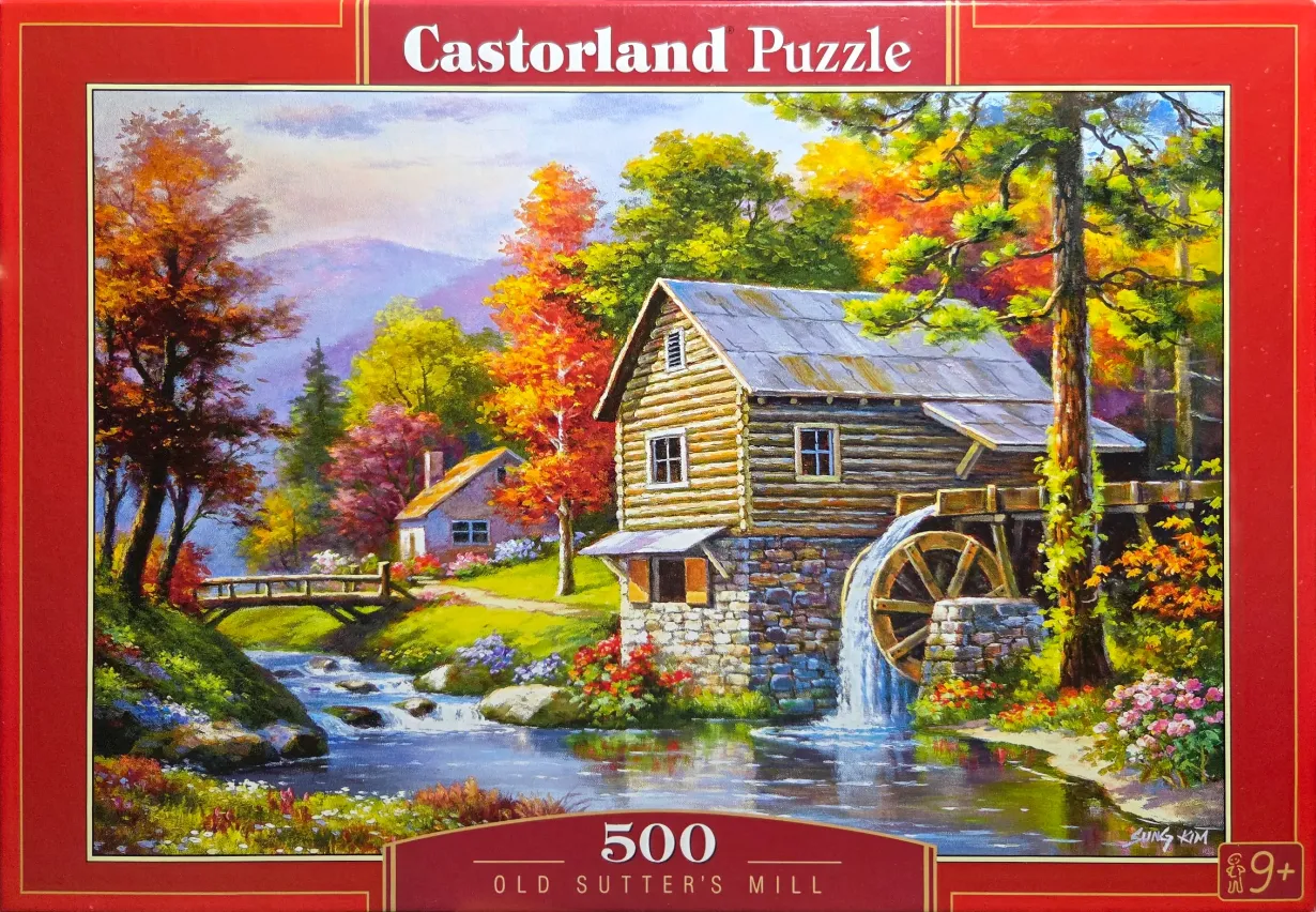 Painting of a rustic wooden watermill by a stream with vibrant autumn foliage and mountains in the background.