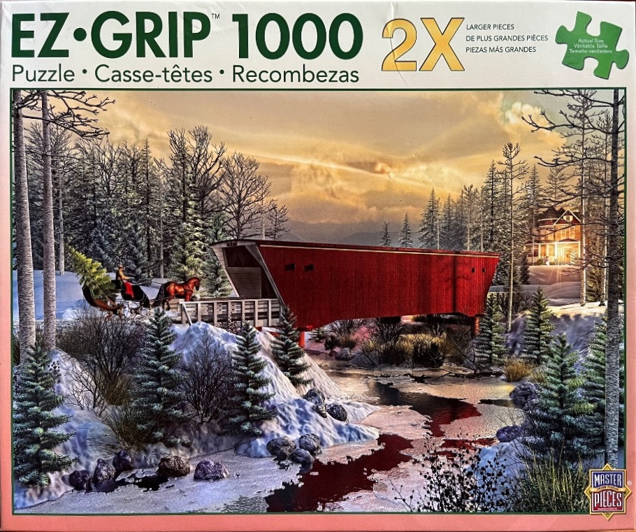 A red covered bridge over a snowy stream at sunset with a horse-drawn sleigh in the foreground.