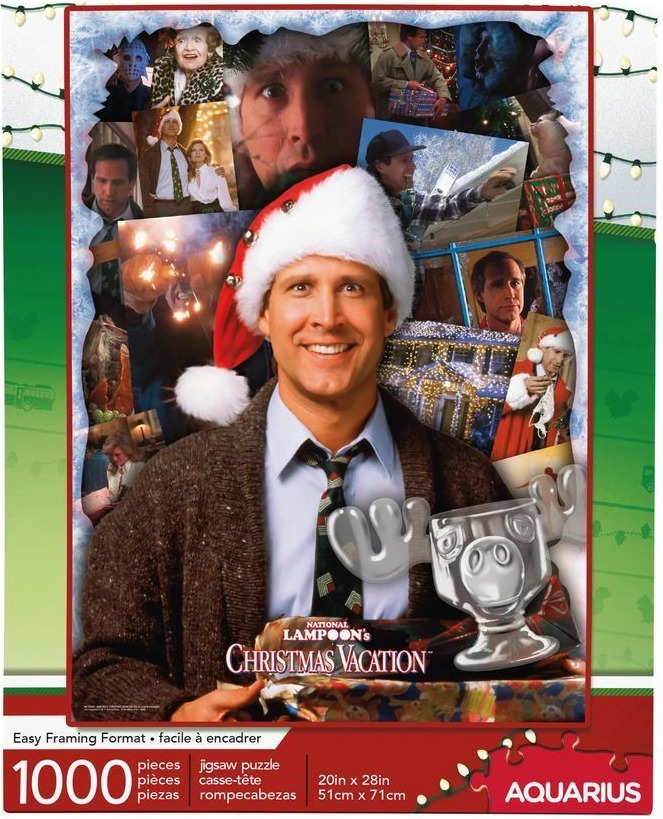 A photo collage featuring Chevy Chase wearing a Santa hat, surrounded by various scenes from the movie Christmas Vacation.