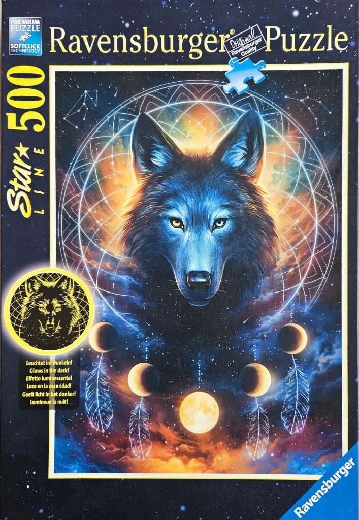 Digital illustration of a wolf head centered within a dreamcatcher, set against a cosmic, glowing nebula background.