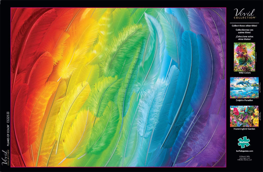A vibrant spectrum of overlapping colorful feathers arranged in a rainbow gradient.