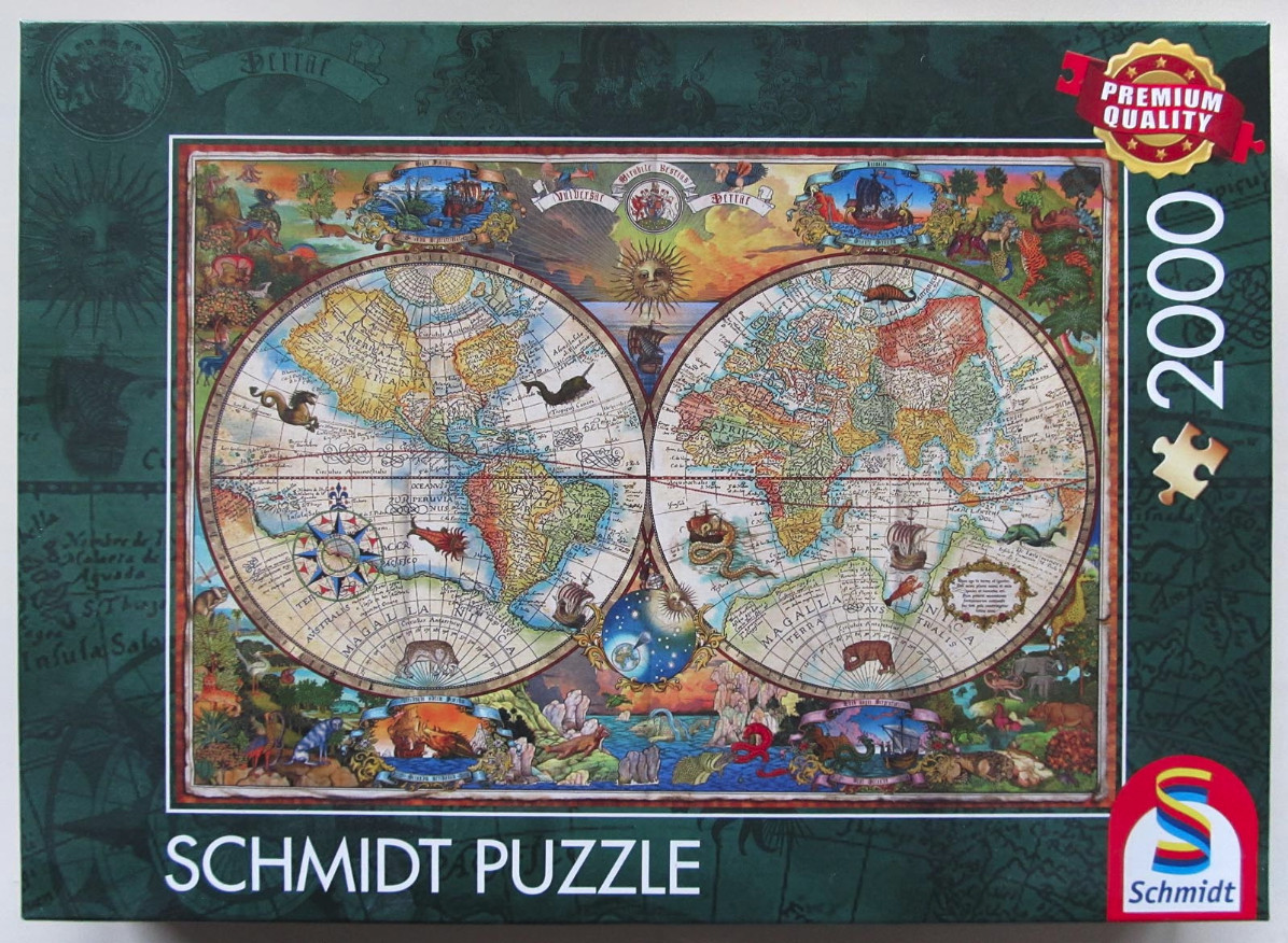 An antique-style double-hemisphere world map featuring mythical sea creatures and exotic animals in the margins.