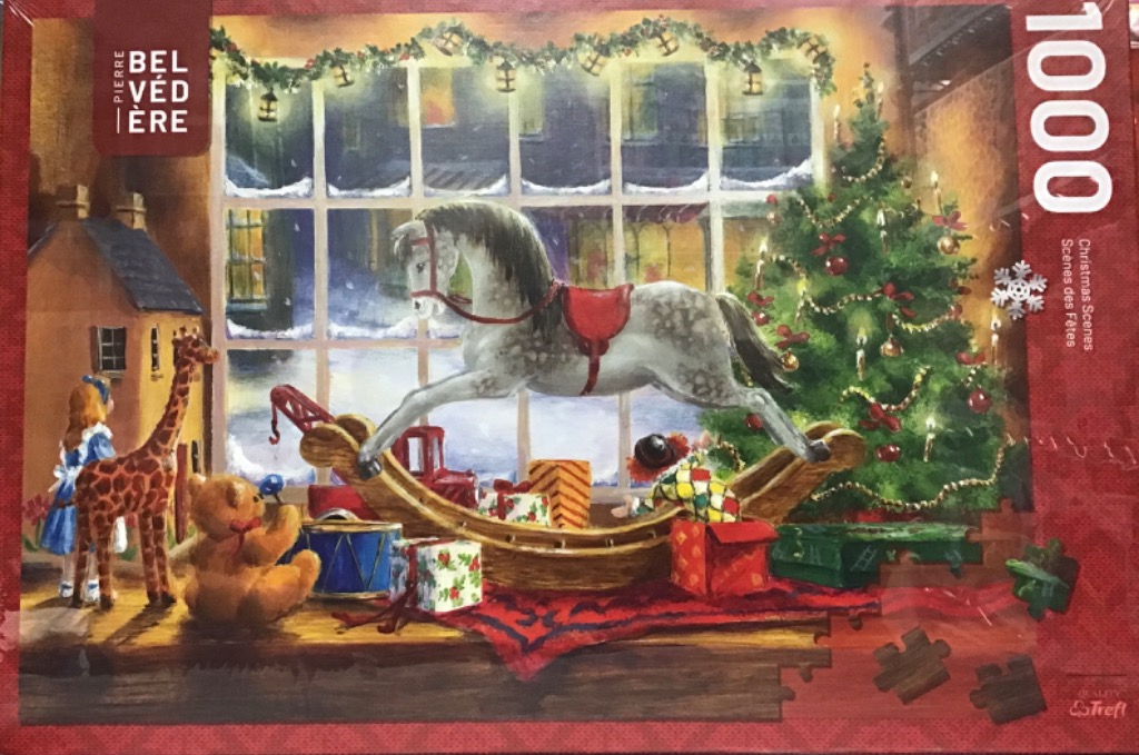 Illustration of a wooden rocking horse, toys, and a Christmas tree in front of a snowy window.