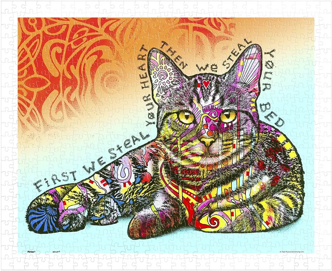 Artistic, vibrant illustration of a tabby cat surrounded by abstract patterns and the text: First we steal your heart then we