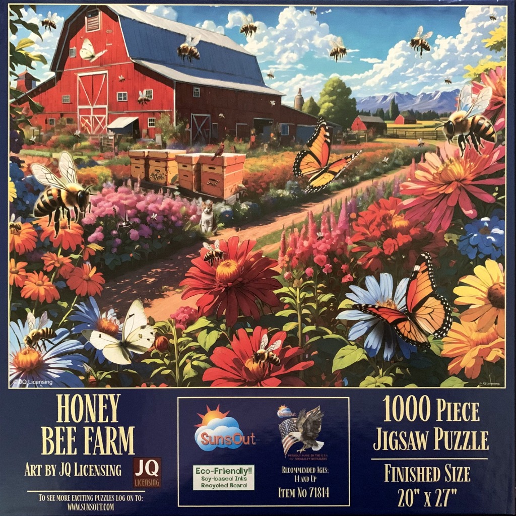 A pastoral scene of a red barn, blooming wildflower garden, honey bees, and butterflies under a blue summer sky.