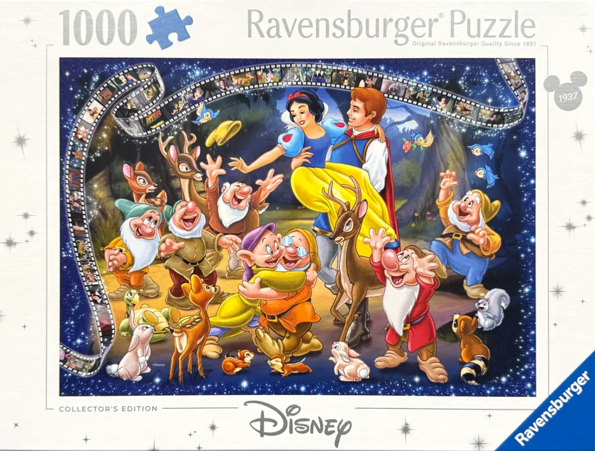 Snow White, the Prince, and the Seven Dwarfs surrounded by forest animals in a magical, starry night setting.