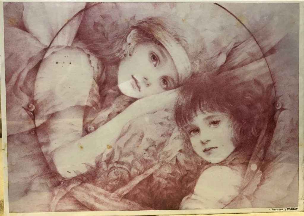 Artistic illustration of two young Victorian-style children with expressive eyes framed in a soft, monochromatic red hue.