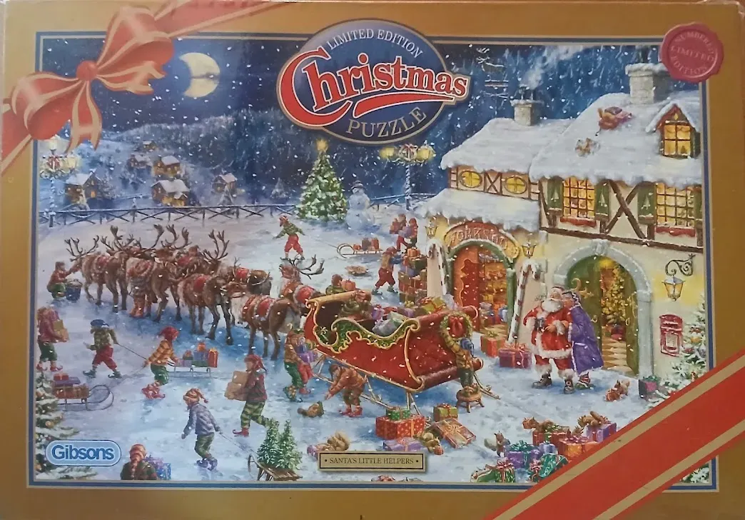 Illustration of Santa and his elves preparing a sleigh outside a snowy workshop at night.