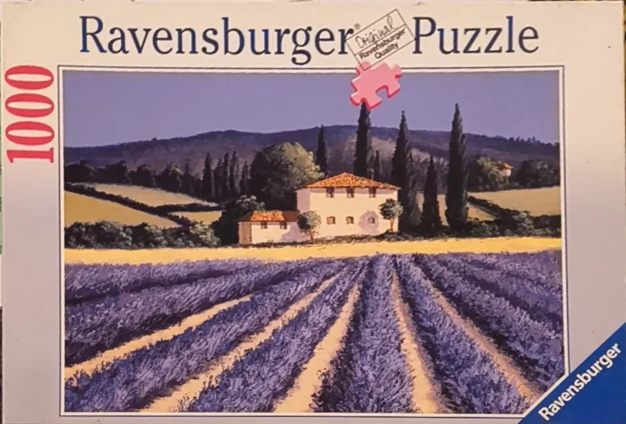 A peaceful landscape painting of a Mediterranean villa surrounded by lavender fields and cypress trees.