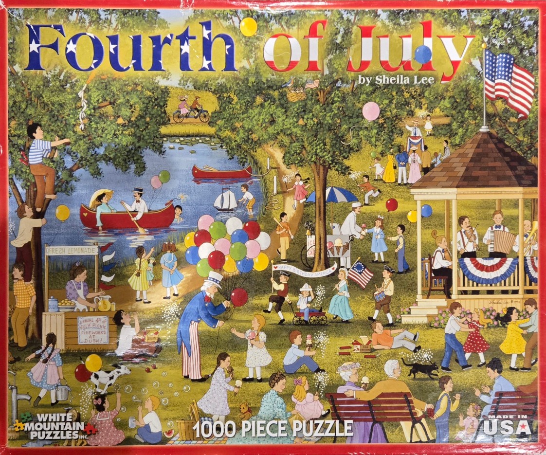A whimsical illustration of a lively 4th of July park picnic featuring a bandstand, people, and children playing.