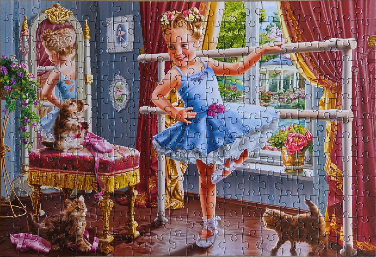 A young girl in a blue ballet outfit practices at a barre with two fluffy kittens in a sunlit room.