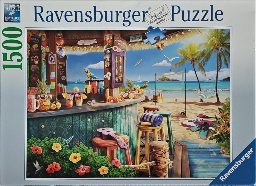A vibrant beach bar scene with a thatched roof, tropical drinks, and a sunny sandy beach in the background.