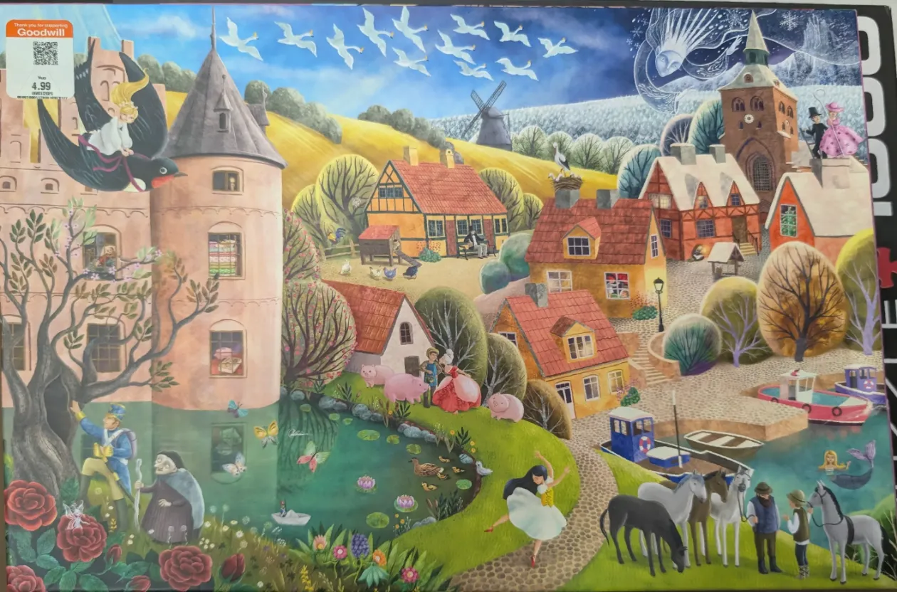 A fantasy illustration of a fairytale village with Hans Christian Andersen characters and landmarks.