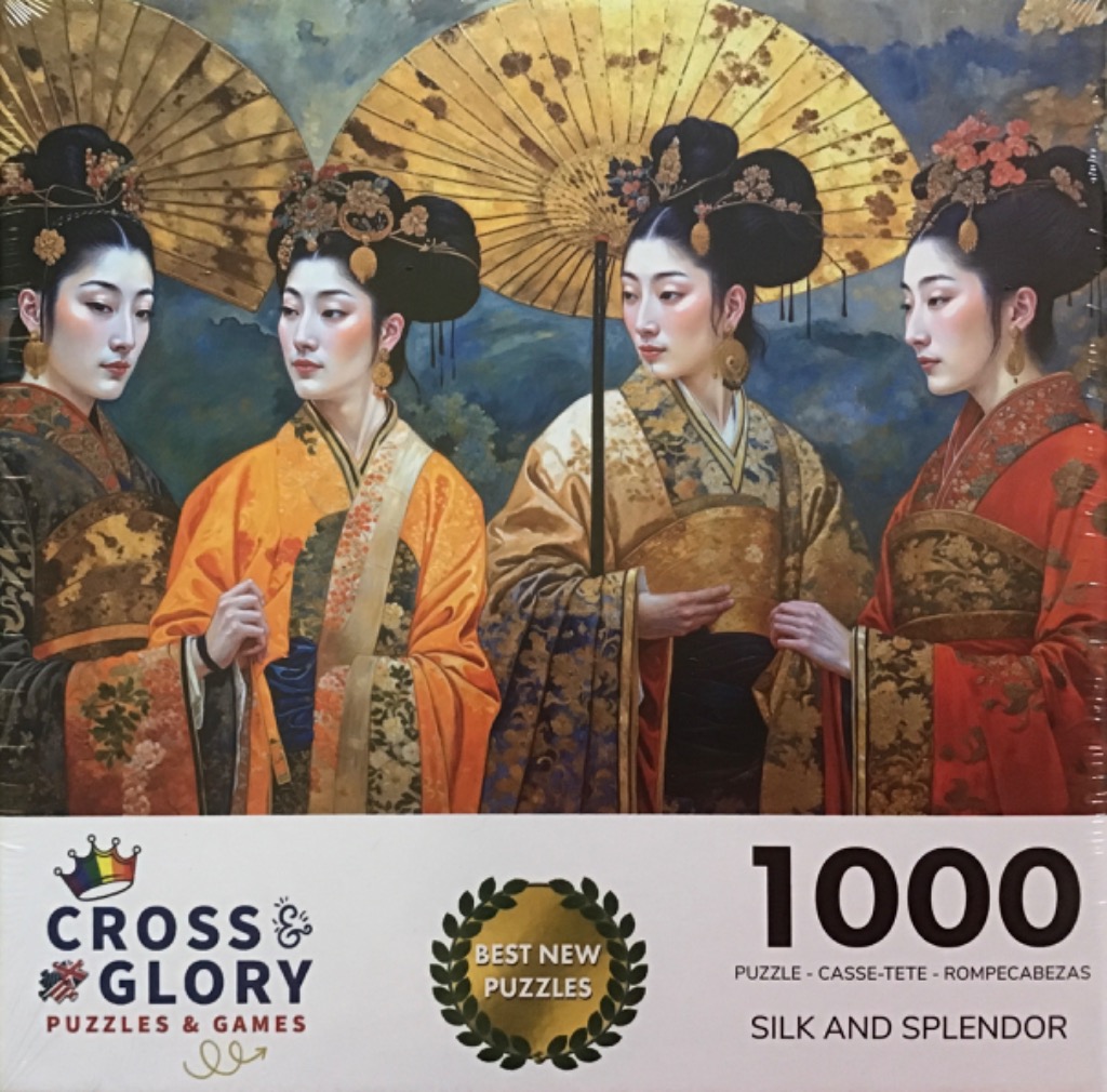 An illustration featuring four elegant women in traditional East Asian-style attire and gold umbrellas against a blue sky.