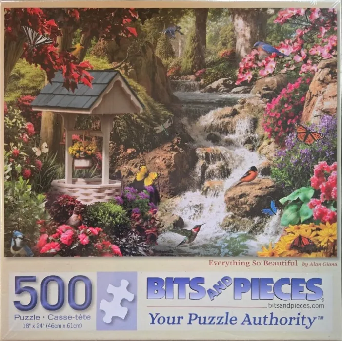 A lush garden scene featuring a wishing well, a cascading waterfall, and various birds and butterflies.