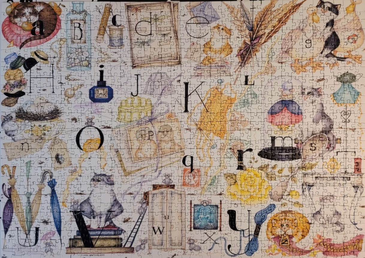 An illustrated alphabet themed scene filled with cats, whimsical objects, and Victorian-style ephemera.