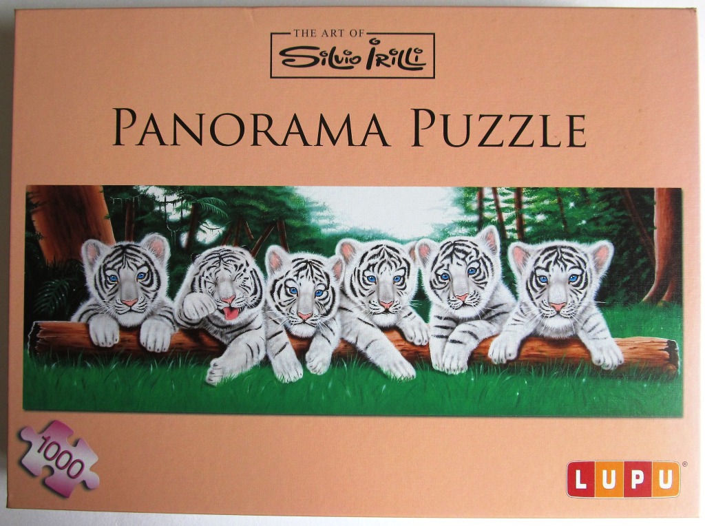 An illustration of six playful white tiger cubs lined up on a fallen log in a lush green forest.