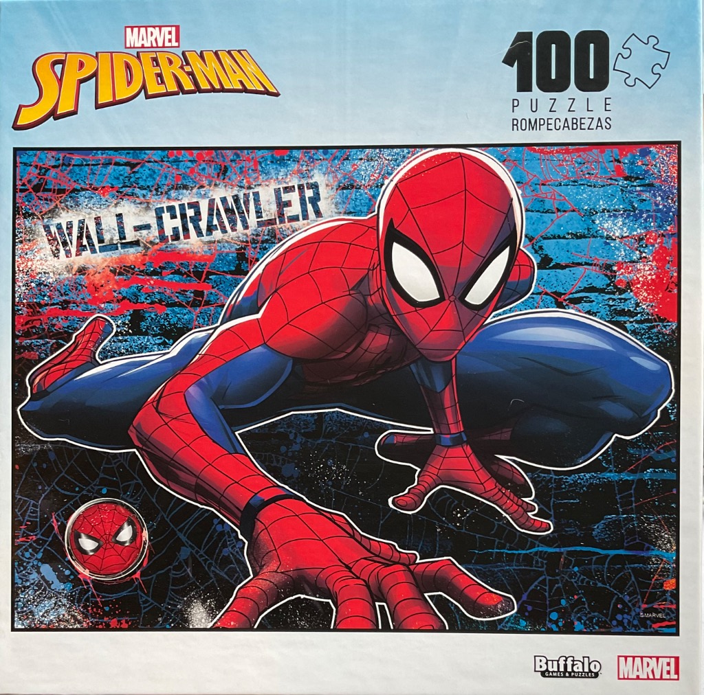 Spider-Man crouching in a dynamic pose against a gritty, textured background with graffiti-style paint splatters.