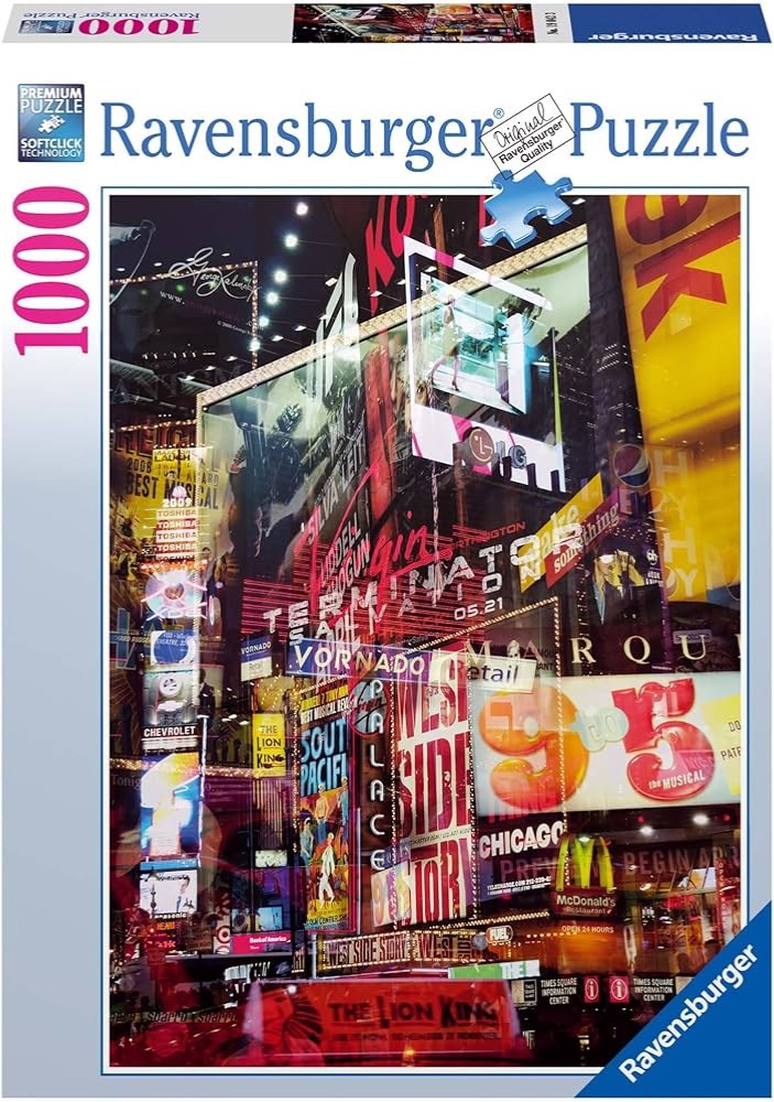 A dense, vibrant night scene in Times Square filled with illuminated Broadway theater advertisements and neon billboards.
